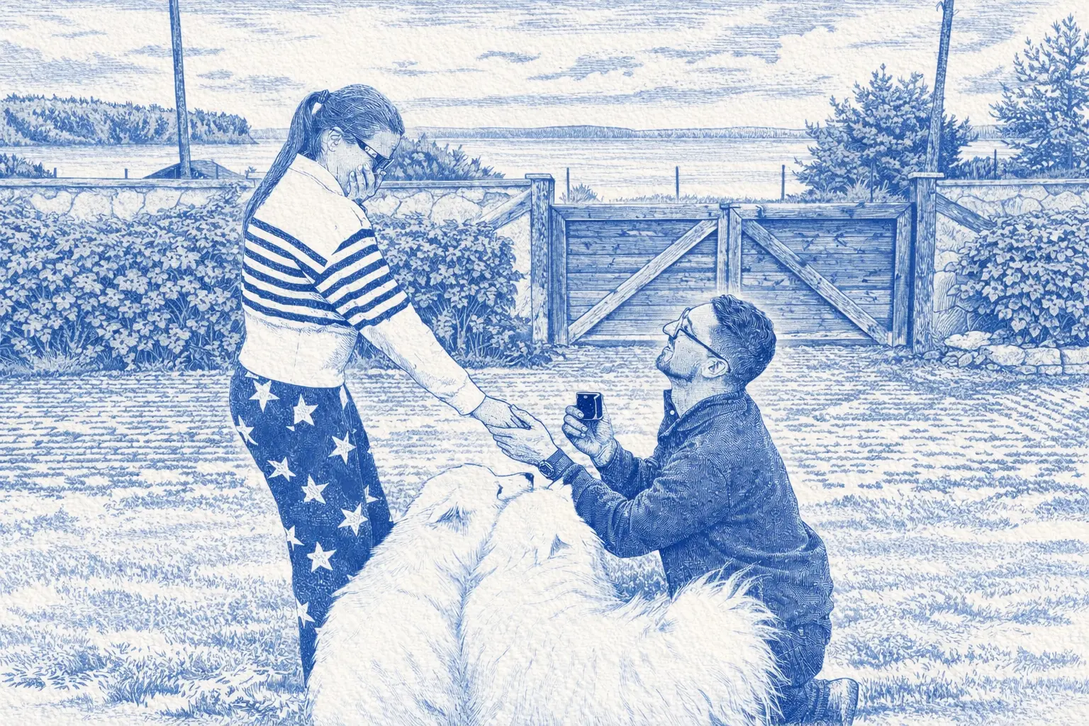 Pen-and-ink illustration of Yan proposing to Katia in a field, with their dog beside them
